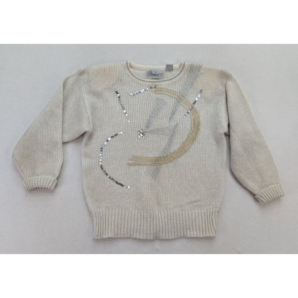 Vintage 80s Women's Sweater Size M Gray Abstract Art Pullover Andene